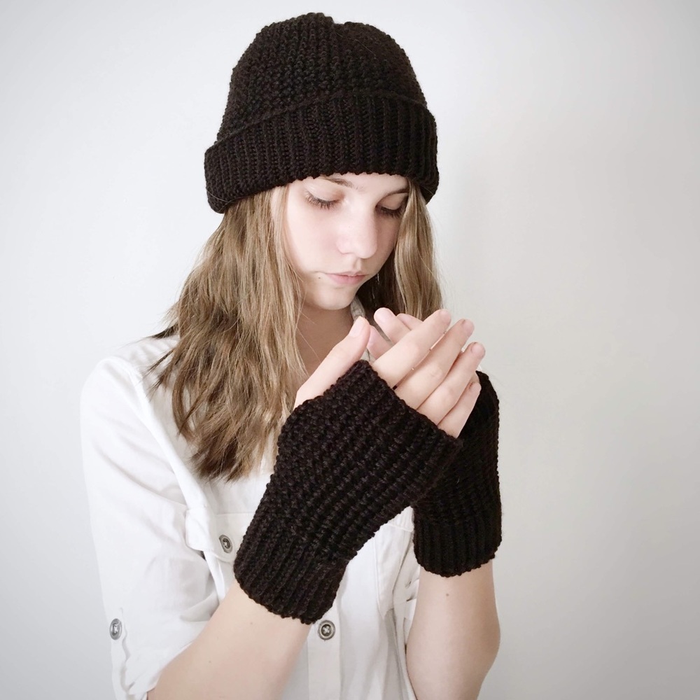 Dark Brown Knitted Beanie Hat & Fingerless Mittens for Women Handmade Wool